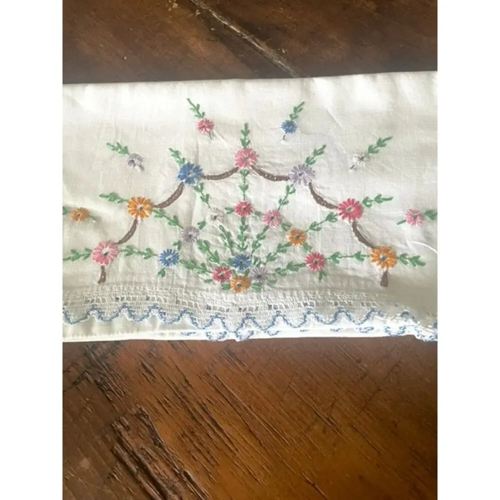 Vintage Embroidered Pillowcases Pair Floral Crochet Lace Cottagecore